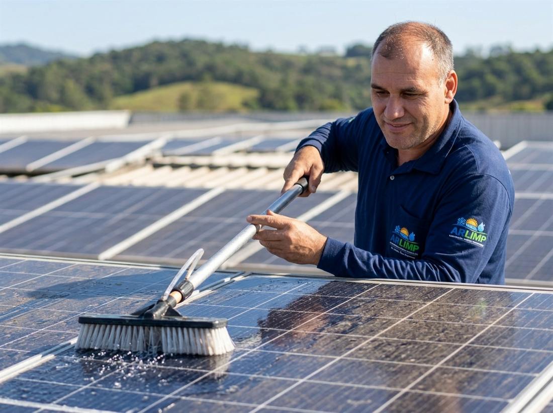 Ademir Marques limpando um painel solar com escova de cabo telescópico